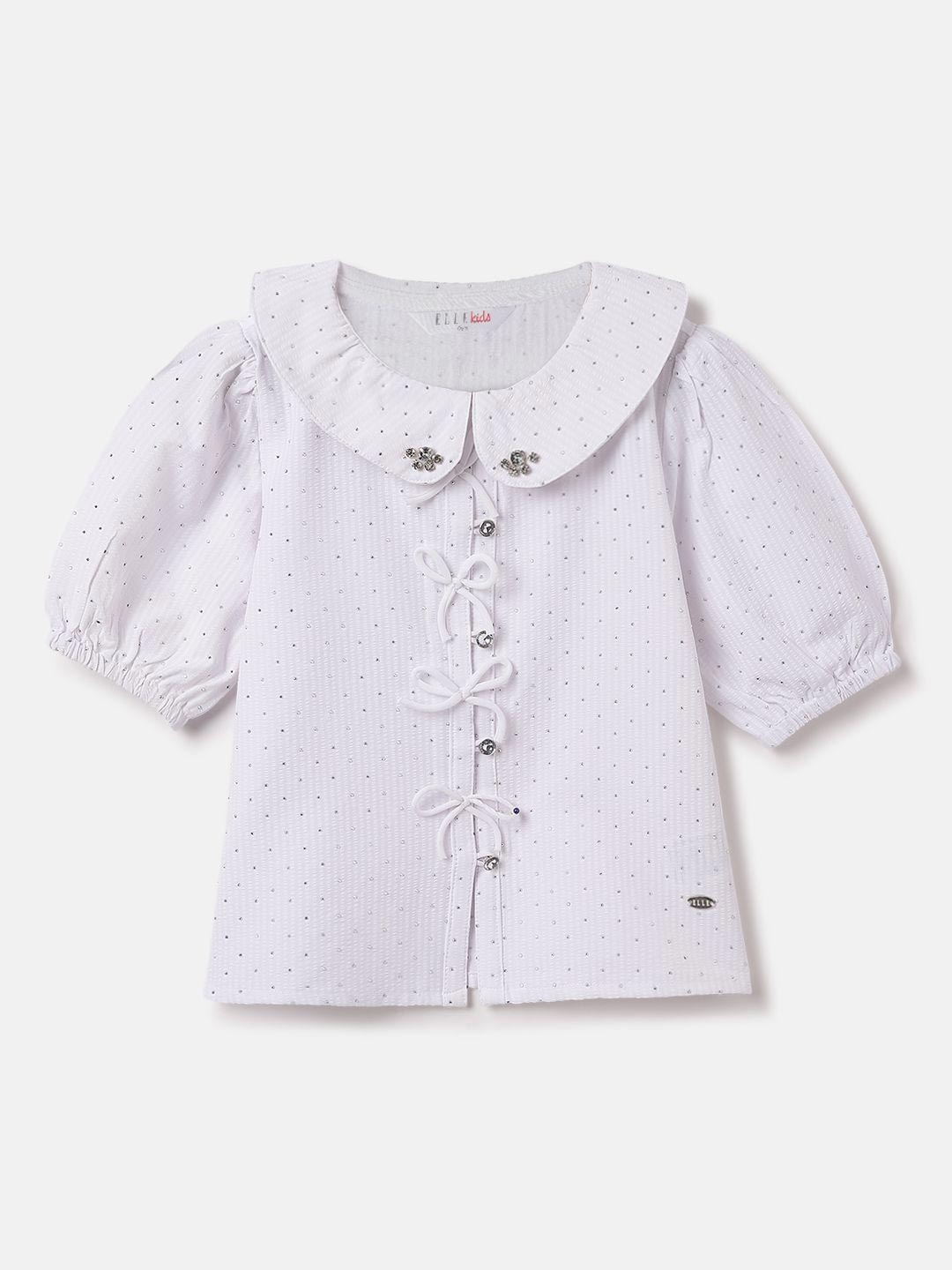 

ELLE Polka Dot Print Peter Pan Collar Puff Sleeve Cotton Top, White