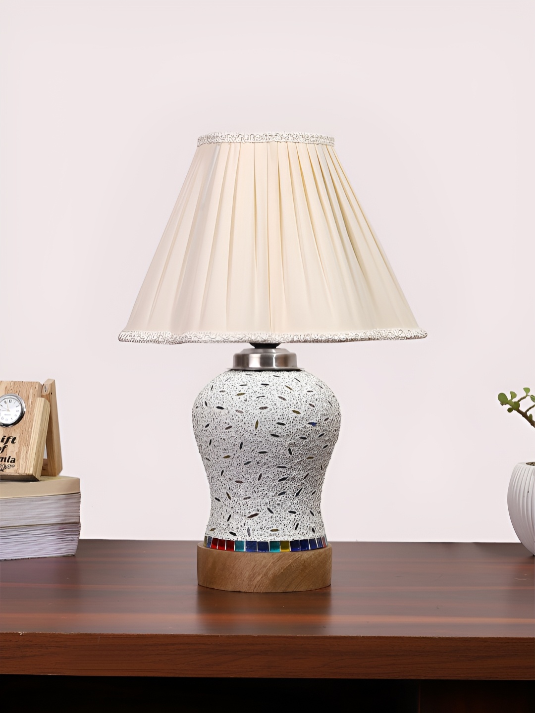 

Devansh Off White & Blue Textured Wooden Frustum Shaped Table Lamp With Mosaic Glass Base