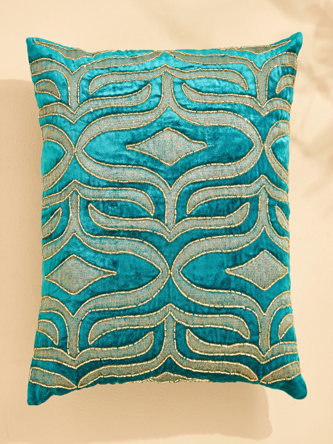 

Home Centre Vellum Teal & Gold-Toned Embroidered Square Cushion Cover