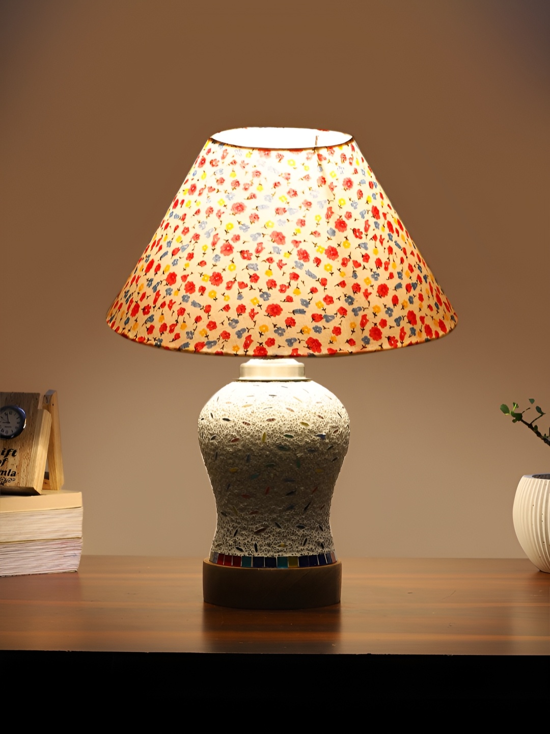 

Devansh White & Blue Floral Printed Frustum Shaped Wooden Table Lamp