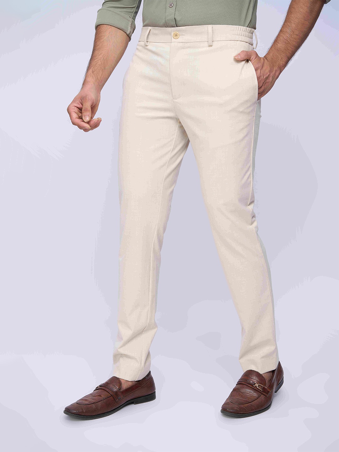 

ONEMILE Men Smart Regular Fit Mid-Rise Trousers, Cream