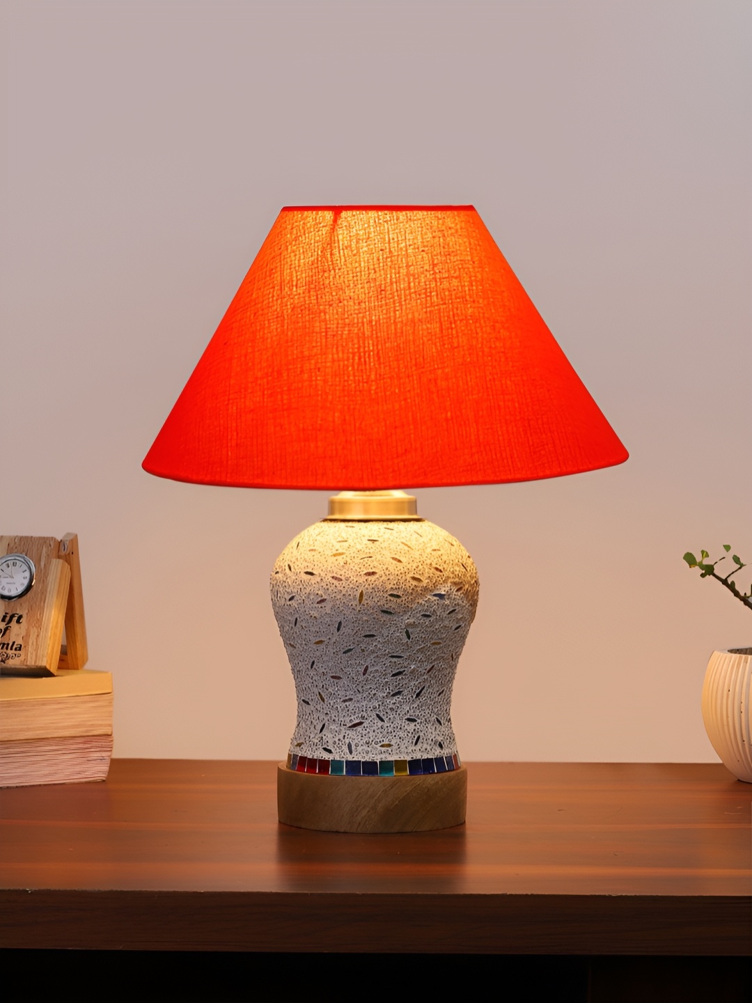 

Devansh Orange Textured Wooden Frustum Shaped Table Lamp With Mosaic Glass Base