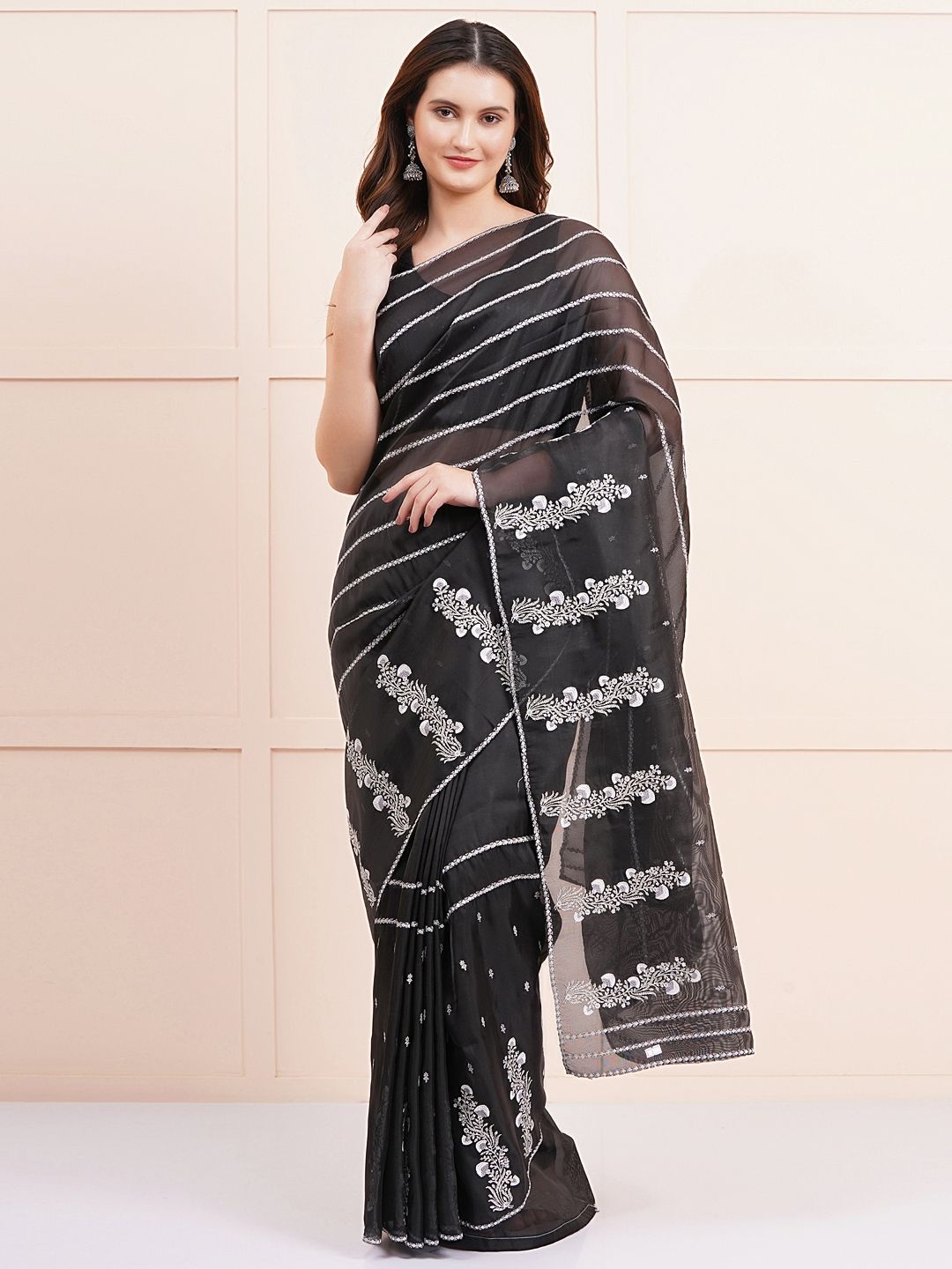 

SANJAR CREATION Embroidered Organza Saree, Black
