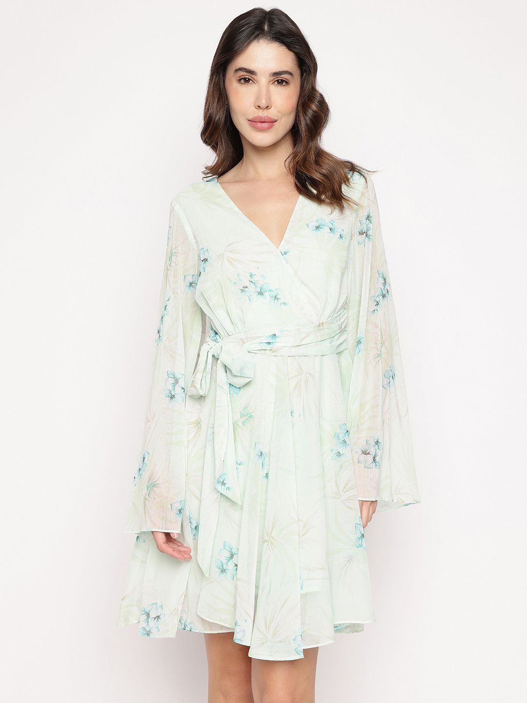 

GUESS Floral Print Flared Sleeve Mini Dress, Green