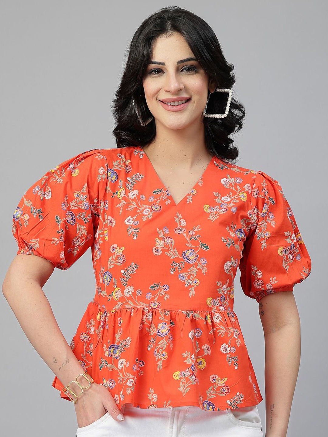 

Style Quotient Floral Print Puff Sleeve Cotton Peplum Top, Orange