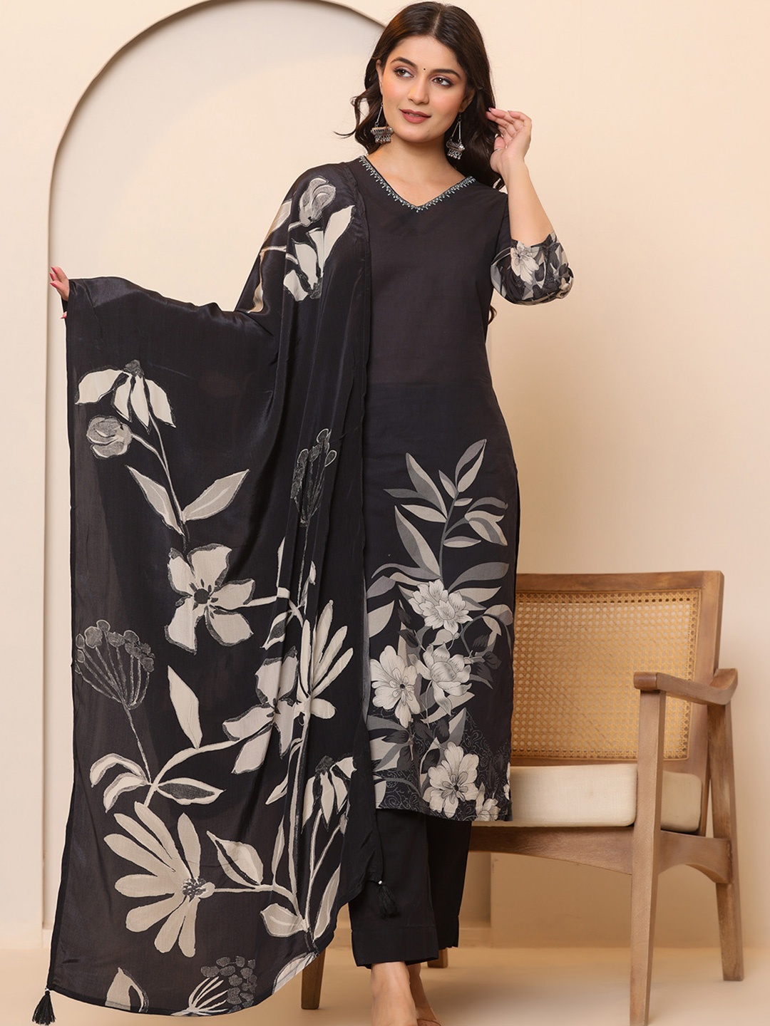 

all about you Floral Printed Pure Cotton Kurta With Trousers & Dupatta, Black