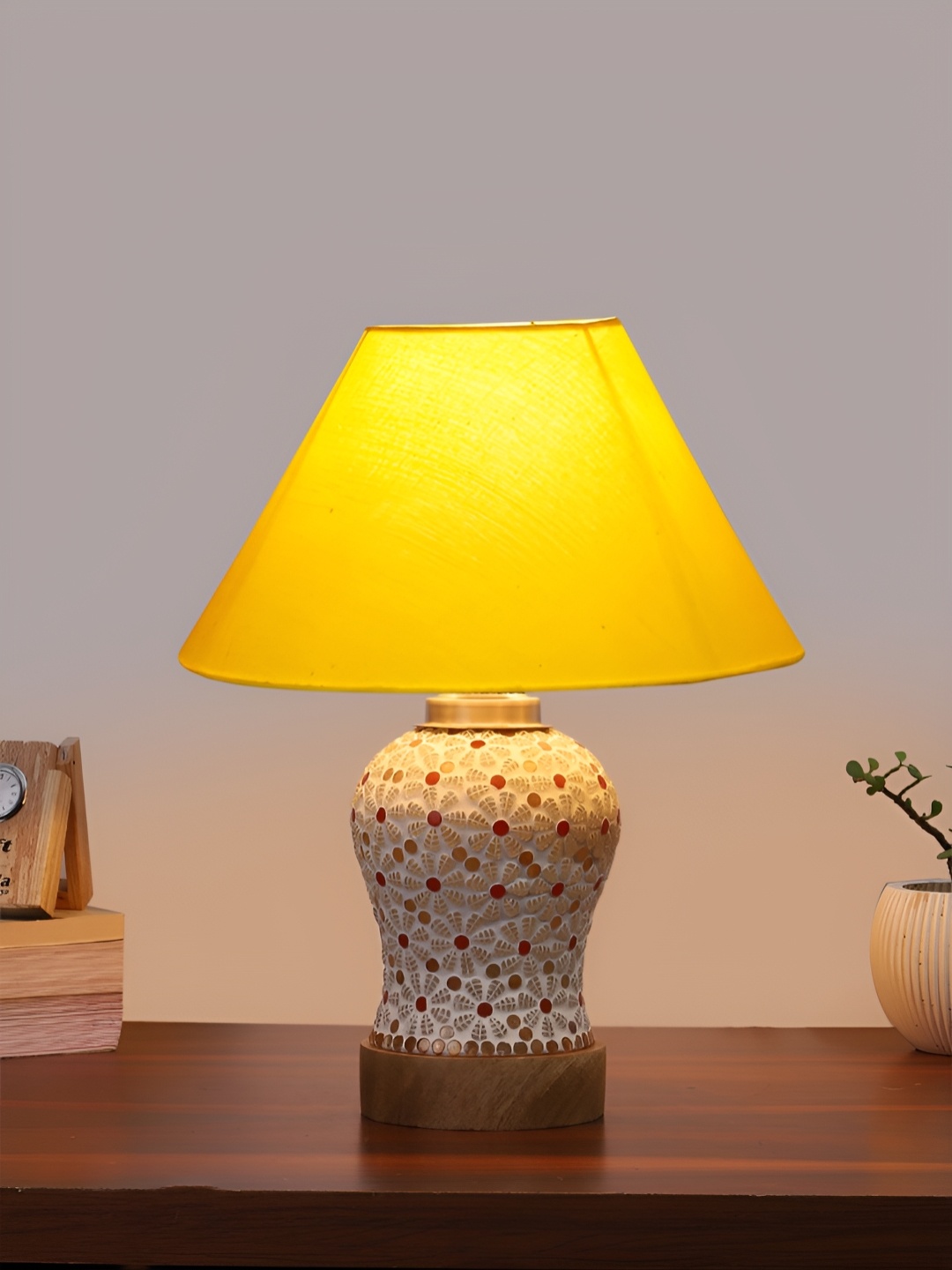 

Devansh Yellow & White Printed Frustum Shaped Wooden Table Lamp