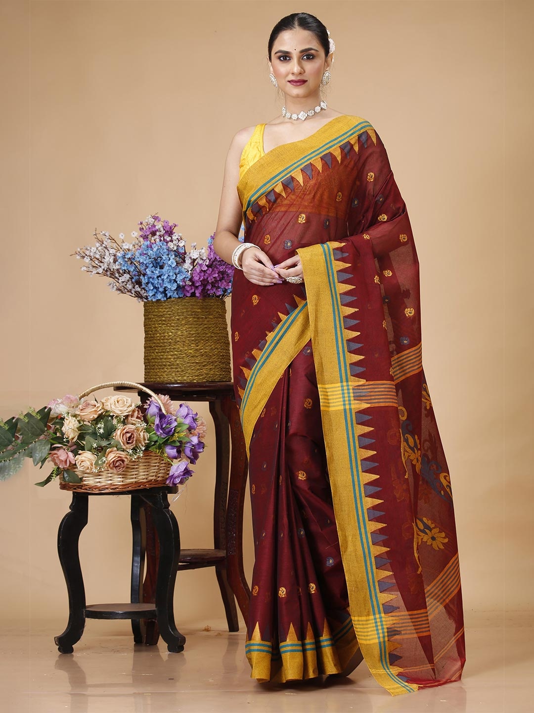 

SLAGHA Woven Design Pure Cotton Taant Saree, Maroon