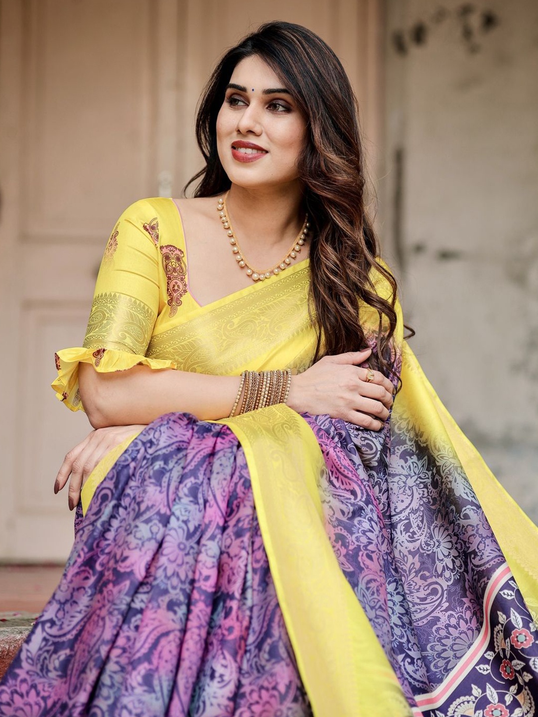 

ALMAARI FASHION Ethnic Motifs Printed Zari Pure Silk Jamdani Saree, Purple