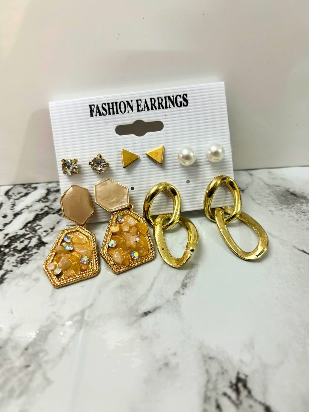 

DressBerry Set Of 5 Stainless Steel Gold-Plated CZ Studded Contemporary Drop Earrings