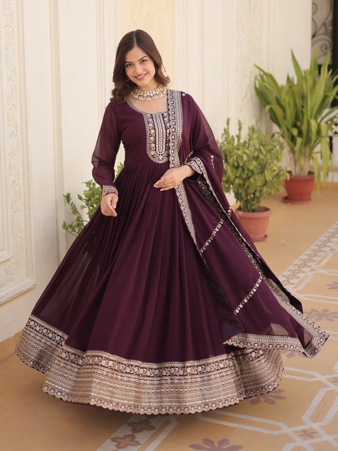 

ZIBLON Women Sequined Embroidered Fit & Flared Maxi Dress With Dupatta, Violet