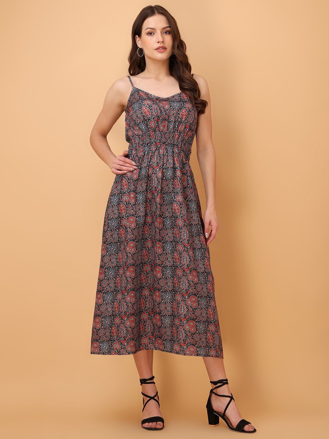 

OBSHIVKA Floral Print Fit & Flare Midi Dress, Black