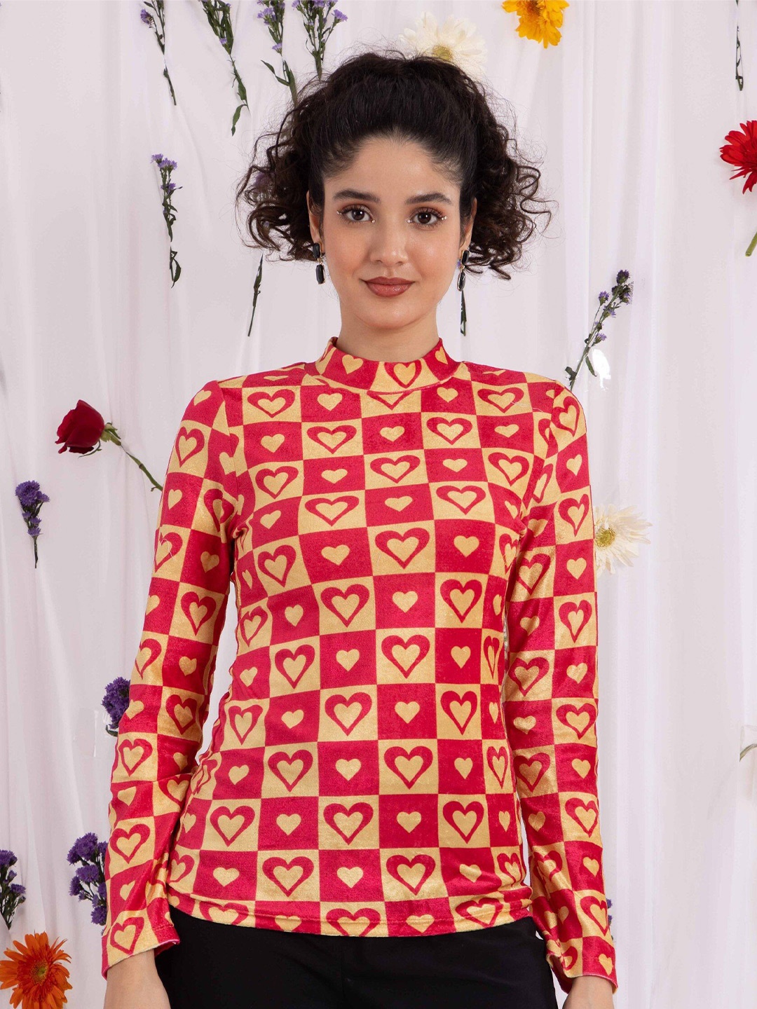 

TANDUL Women Printed Mock Collar Pullover Sweatshirt, Red