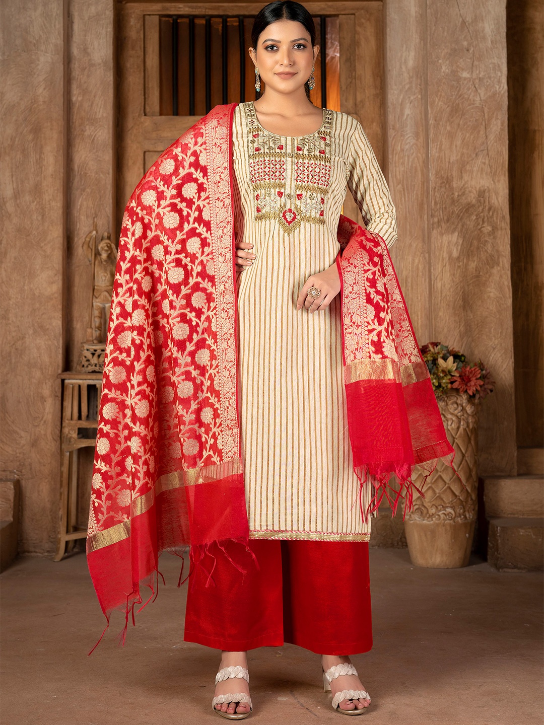 

SHADOW & SAINING Striped Embroidered Sequinned Cambric Cotton Unstitched Dress Material, Beige