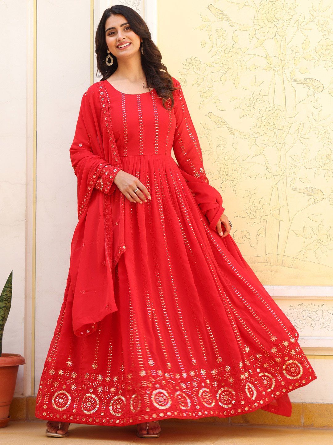 

KALINI Floral Embroidered Sequinned Georgette Anarkali Kurta With Pyjamas & Dupatta, Red