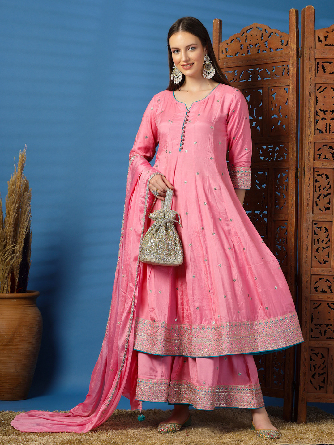 

Sangria Geometric Embroidered Sequinned Anarkali Kurta with Sharara & Dupatta, Pink