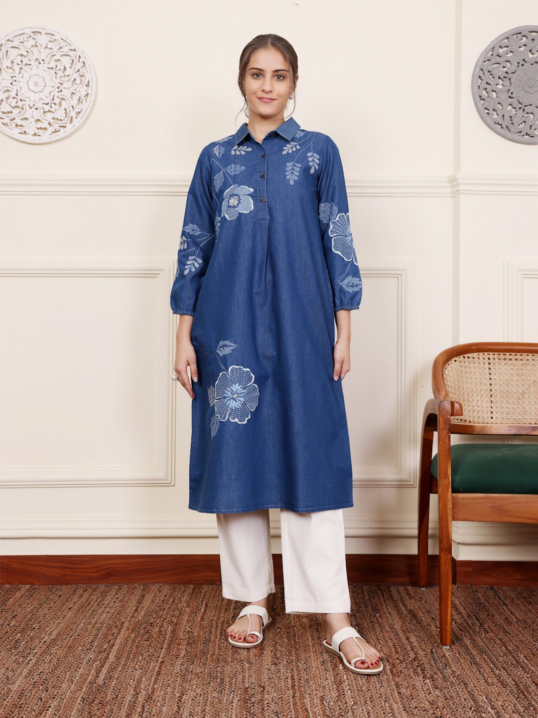 

SAVI Floral Embroidered Shirt Collar Thread Work Cotton A-Line Kurta, Blue