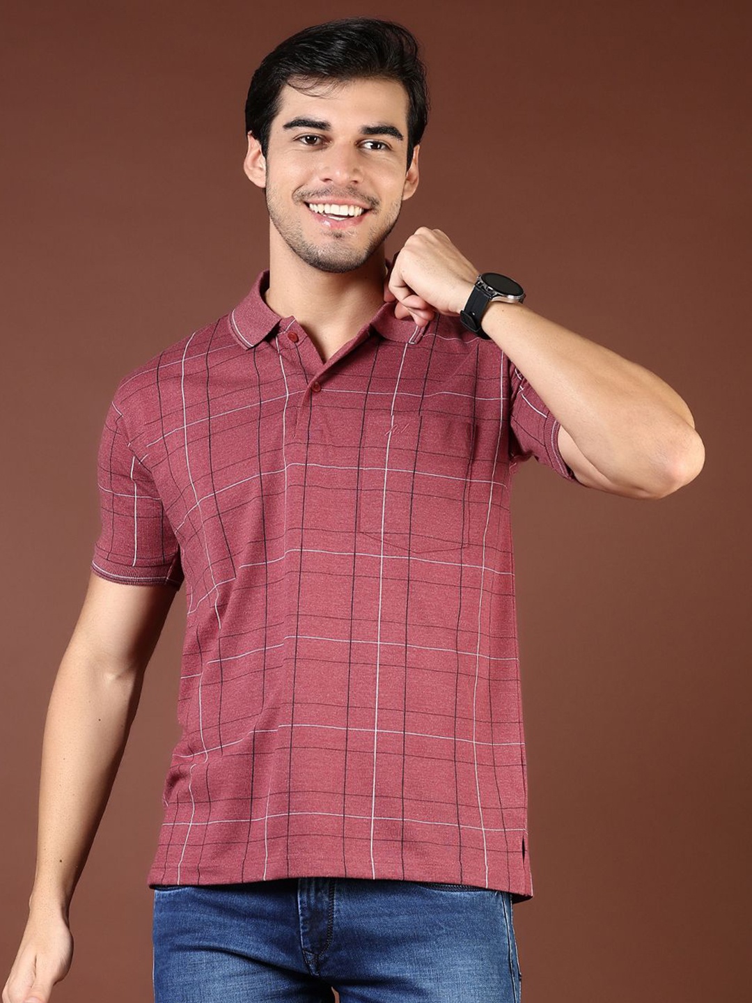 

V-Mart Men Checked Polo Collar Pockets T-shirt, Rust