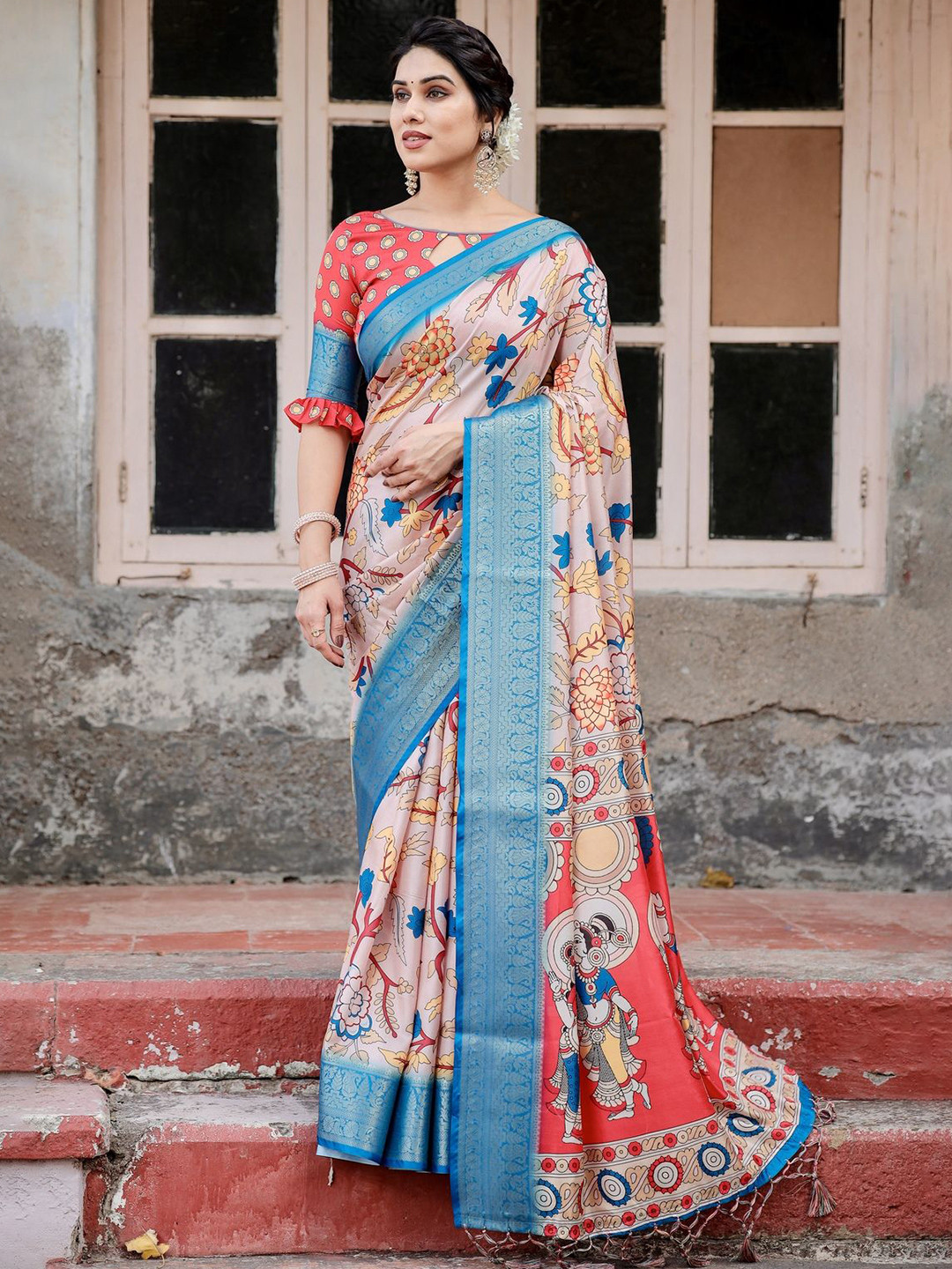 

ALMAARI FASHION Ethnic Motifs Zari Pure Silk Kanjeevaram Saree, Blue