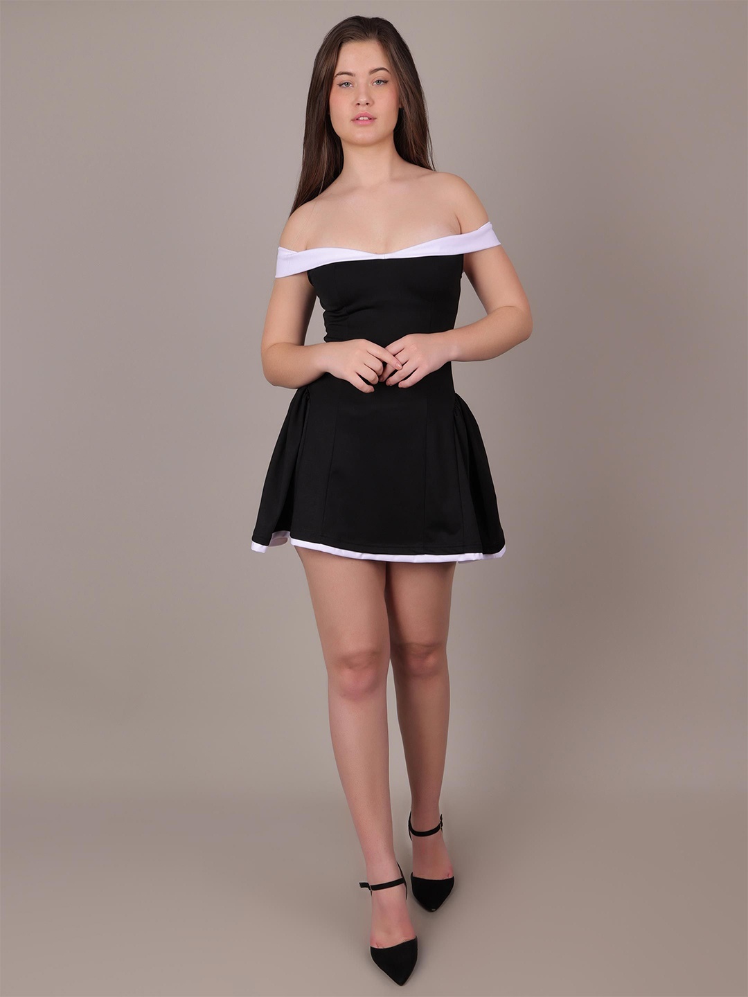 

iki chic Colourblocked Off-Shoulder Fit & Flare Mini Dress, Black