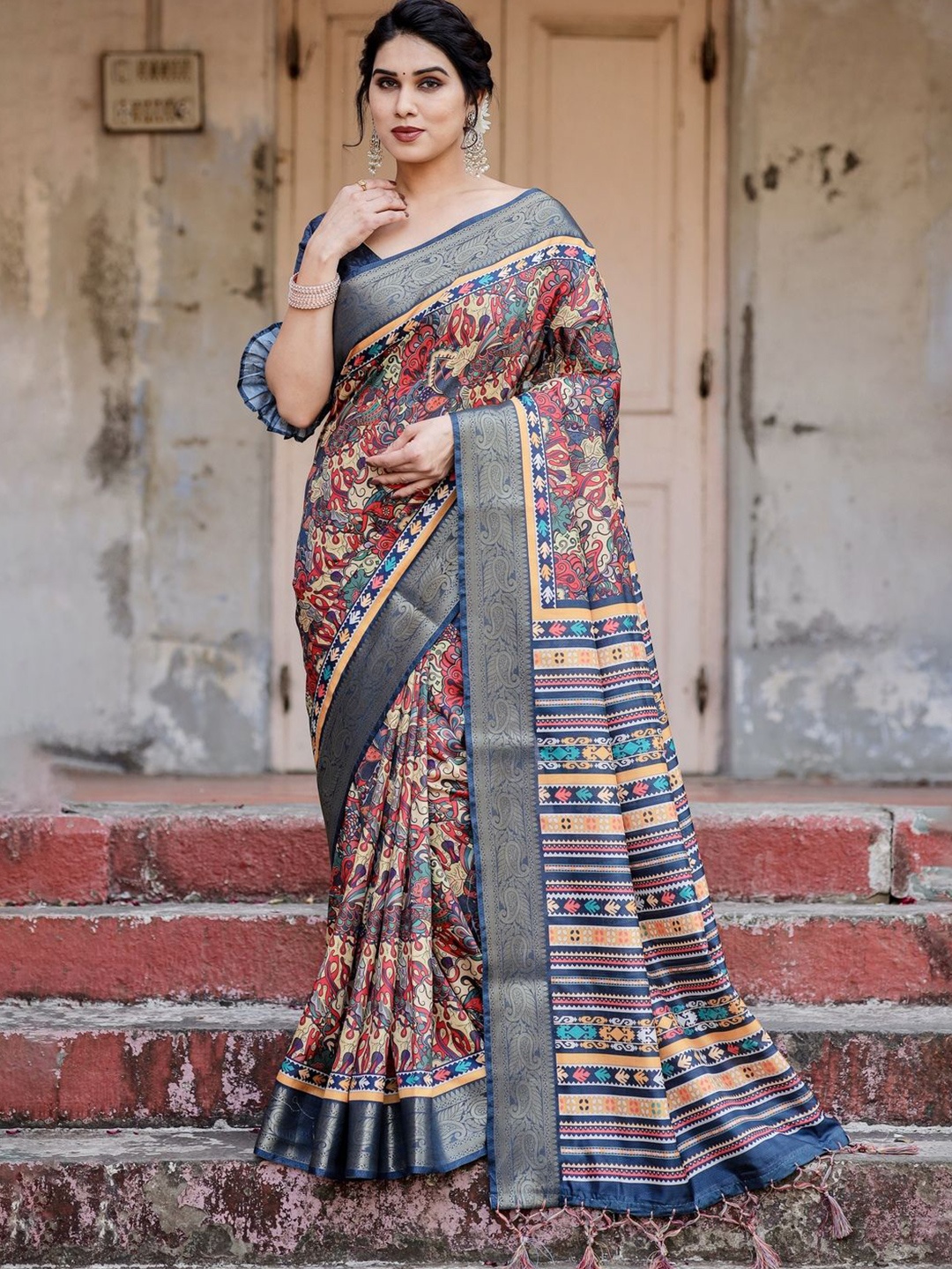 

ALMAARI FASHION Ethnic Motifs Printed Pure Silk Jamdani Saree, Blue