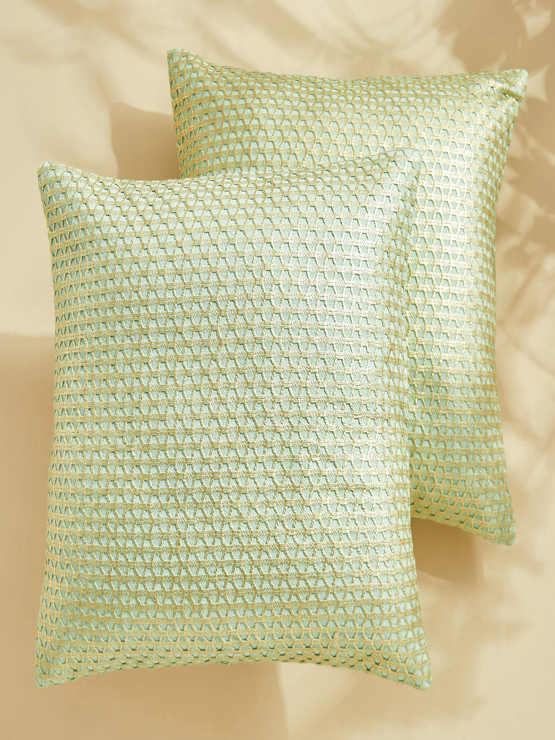 

Home Centre Celestial Green 2 Pieces Geometric Self Design Square Cushion Covers