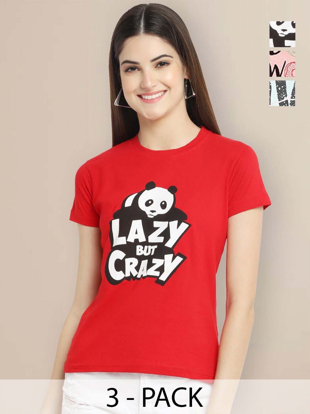 

GLOBAL NOMAD Women Pack of 3 Typography Printed Round Neck Cotton T-shirts, Red
