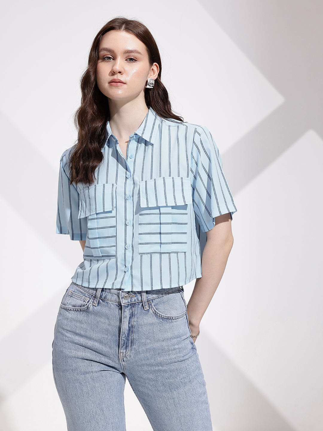 

encore by INVICTUS Opaque Striped Casual Crop Shirt, Blue