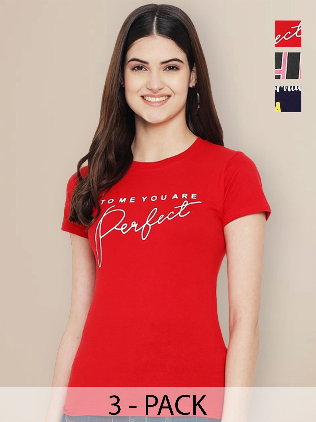 

GLOBAL NOMAD Women Pack of 3 Typography Printed Round Neck Cotton T-shirts, Red