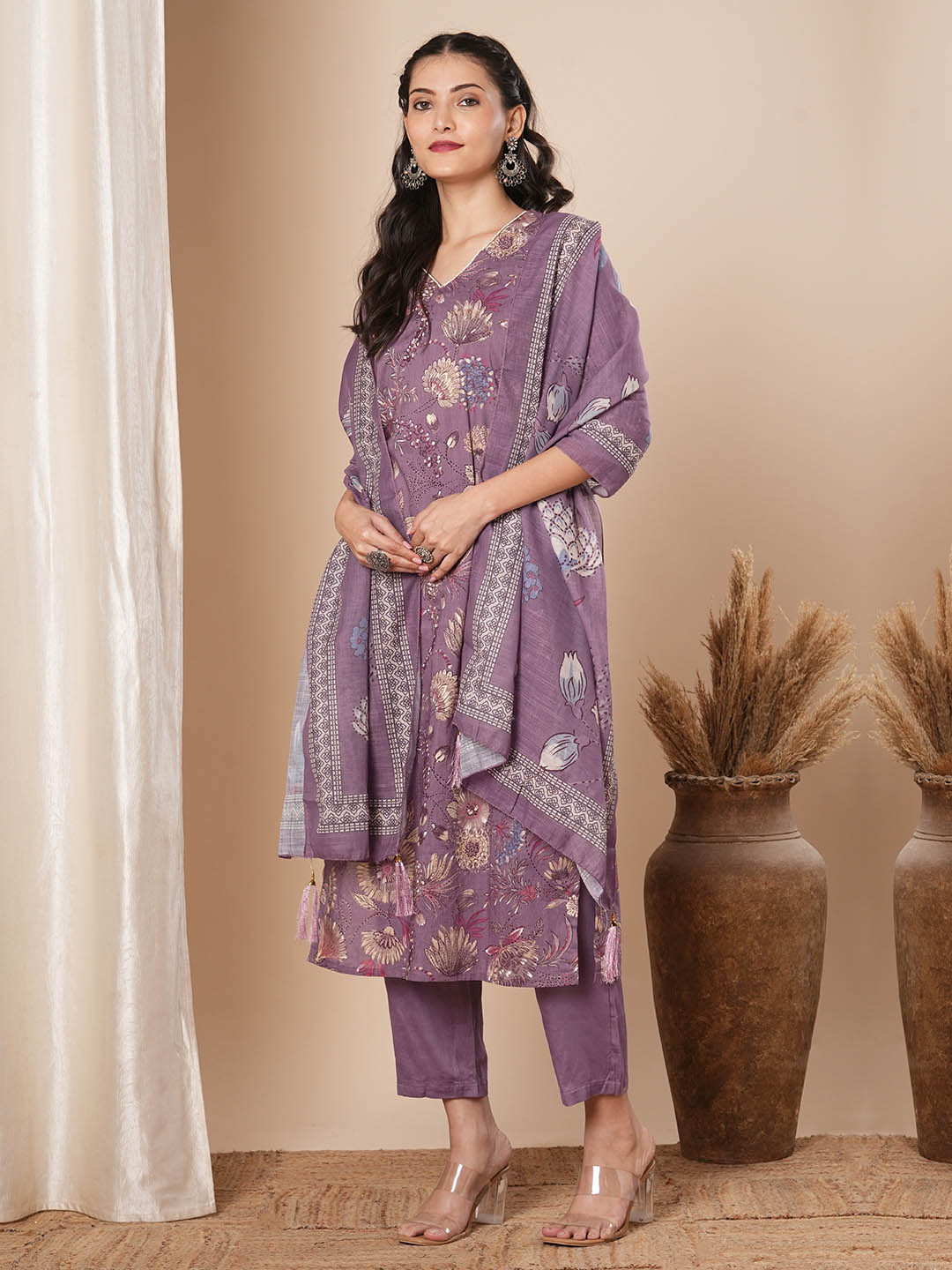 

FASHOR Floral Printed V-Neck Thread Work Straight Pure Cotton Kurta With Pant & Dupatta, Lavender