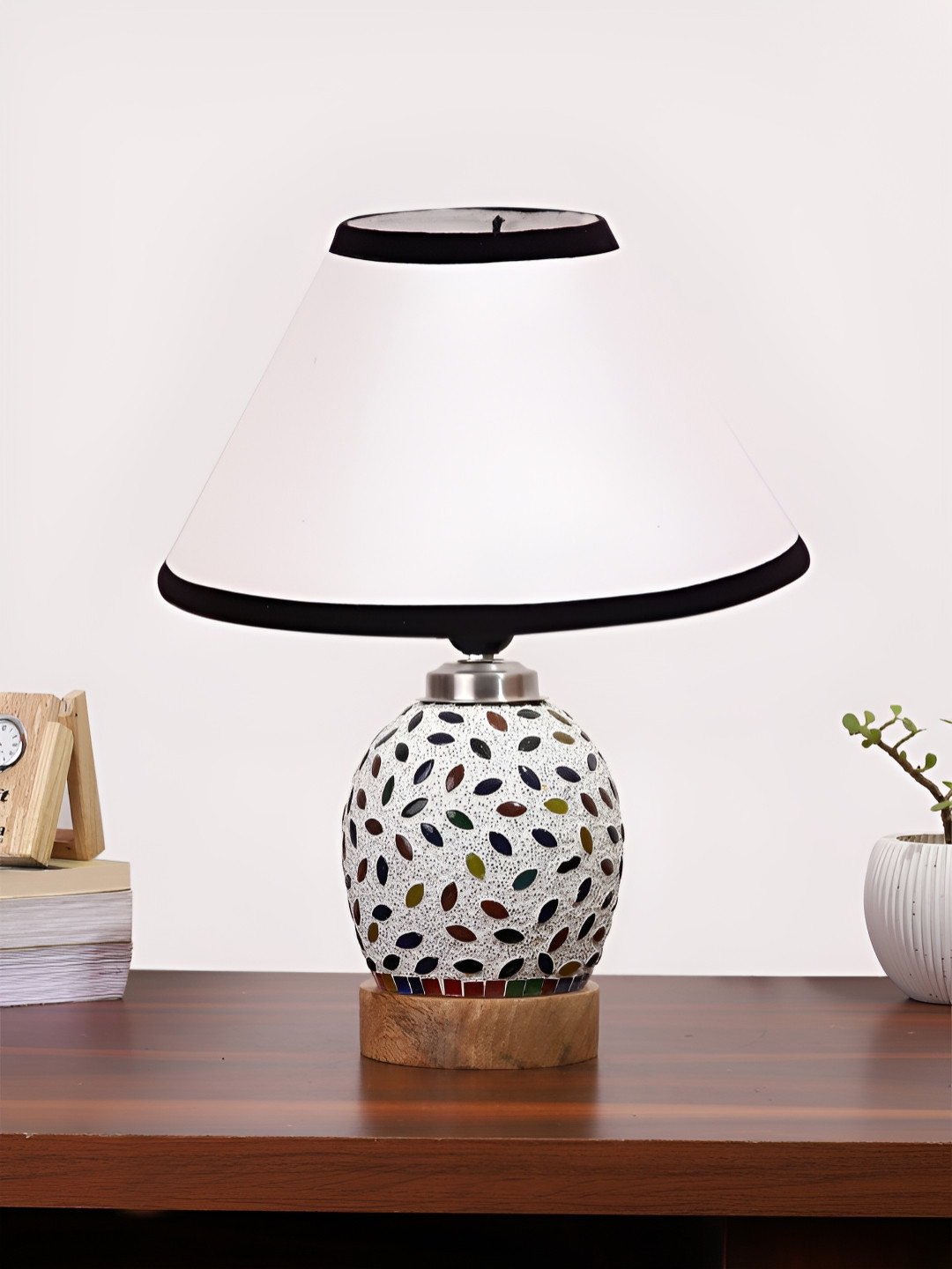 

Devansh White Printed Wooden Frustum Shaped Table Lamp With Mosaic Glass Base