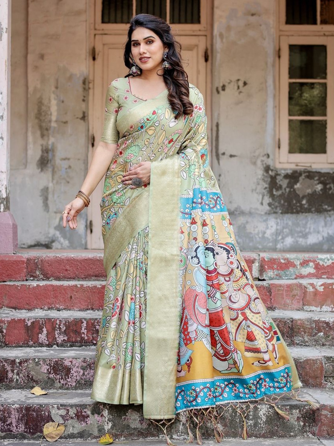 

ALMAARI FASHION Floral Printed Zari Pure Silk Tussar Saree, Grey