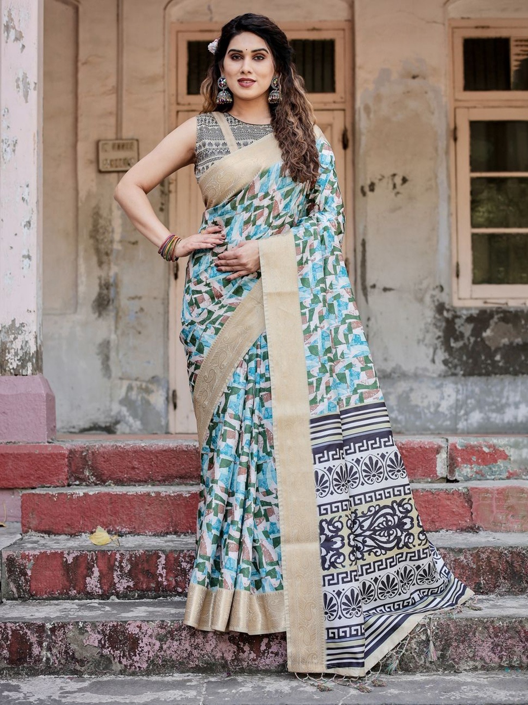

ALMAARI FASHION Printed Zari Pure Silk Banarasi Saree, Blue