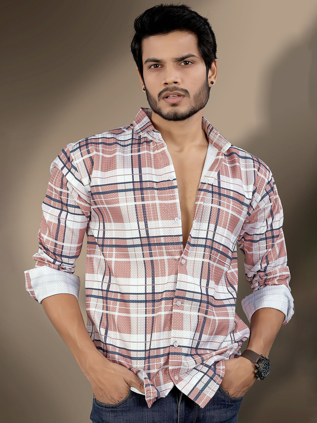 

Metronaut Men Tartan Checks Opaque Checked Casual Shirt, Beige