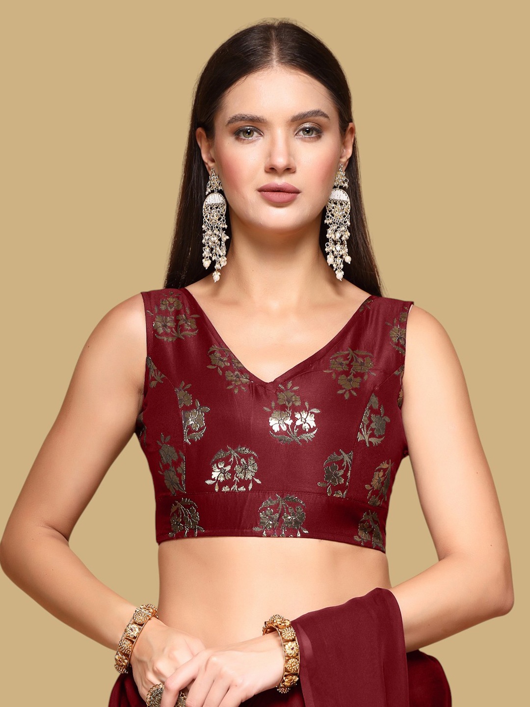 

Oomph! Women Woven Design Jacquard Saree Blouse, Maroon