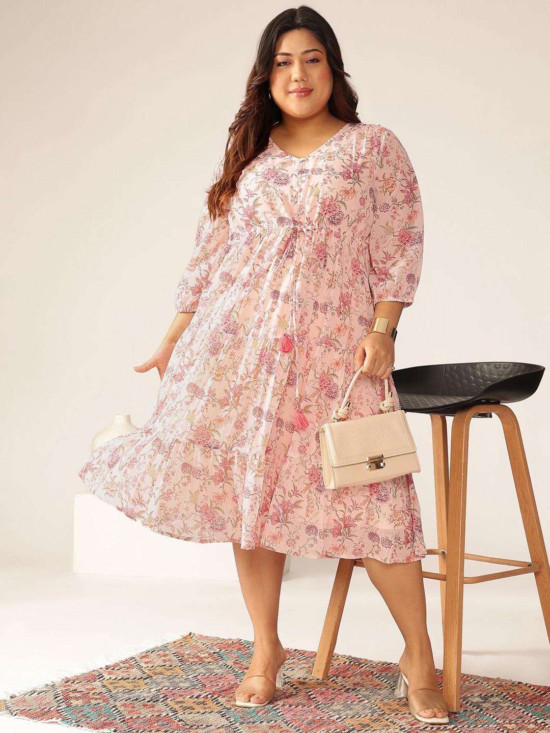 

Janasya Women's Plus Size Pink Georgette Floral Printed Tiered Dress