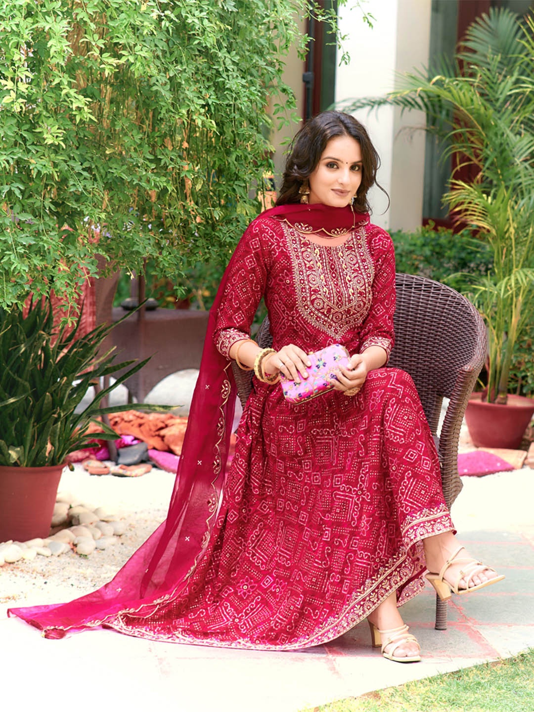 

Berrylicious Bandhani Printed Zari Round Neck A-Line Kurta With Trousers & Dupatta, Pink