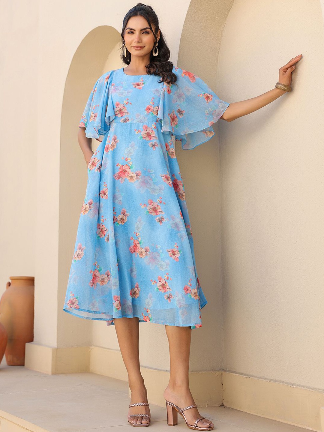 

Janasya Women Blue Georgette Floral Printed A-line Dress