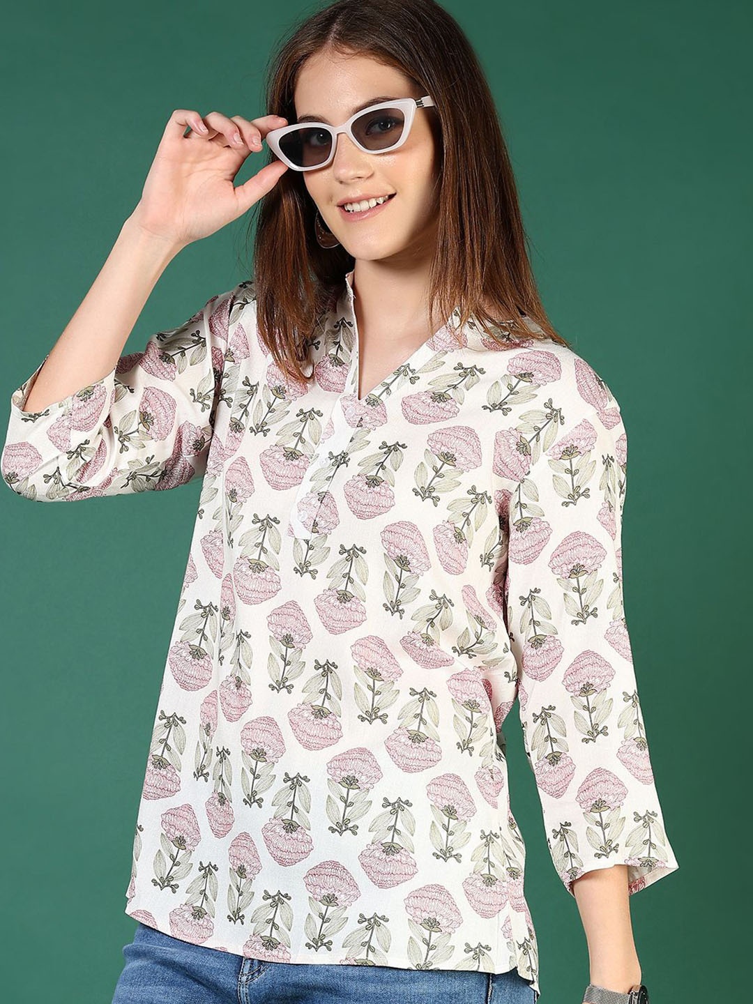 

V-Mart Floral Print Mandarin Collar Top, Magenta