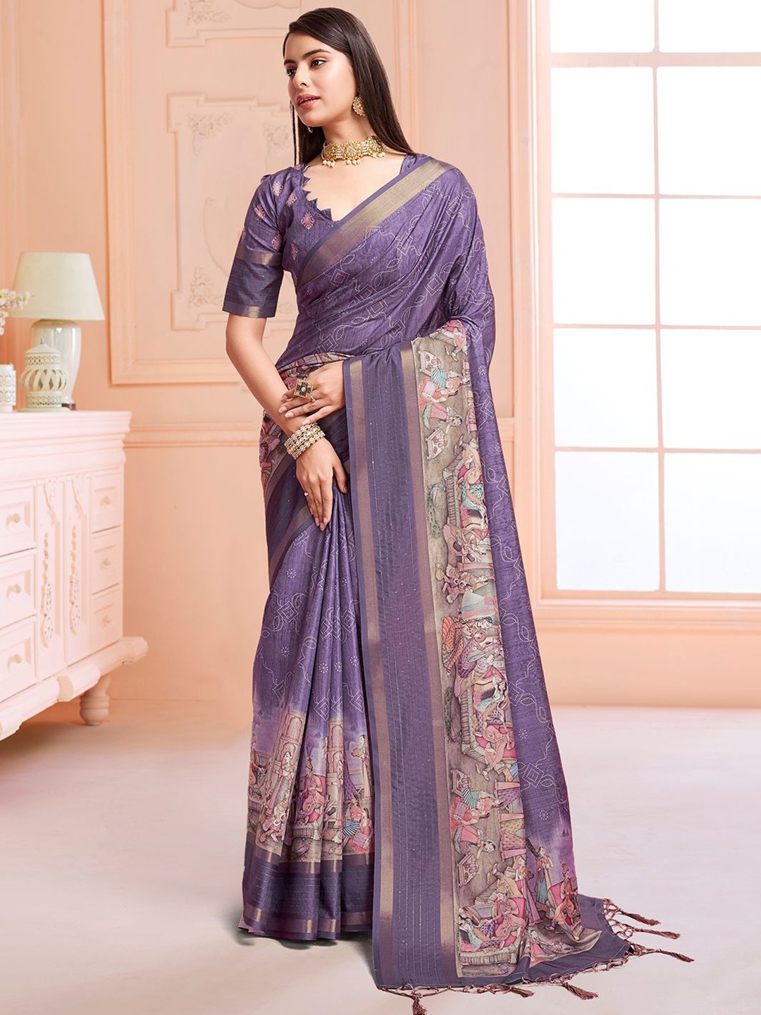 

Rekha Maniyar Kalamkari Printed Sequinned Ready to Wear Saree, Purple