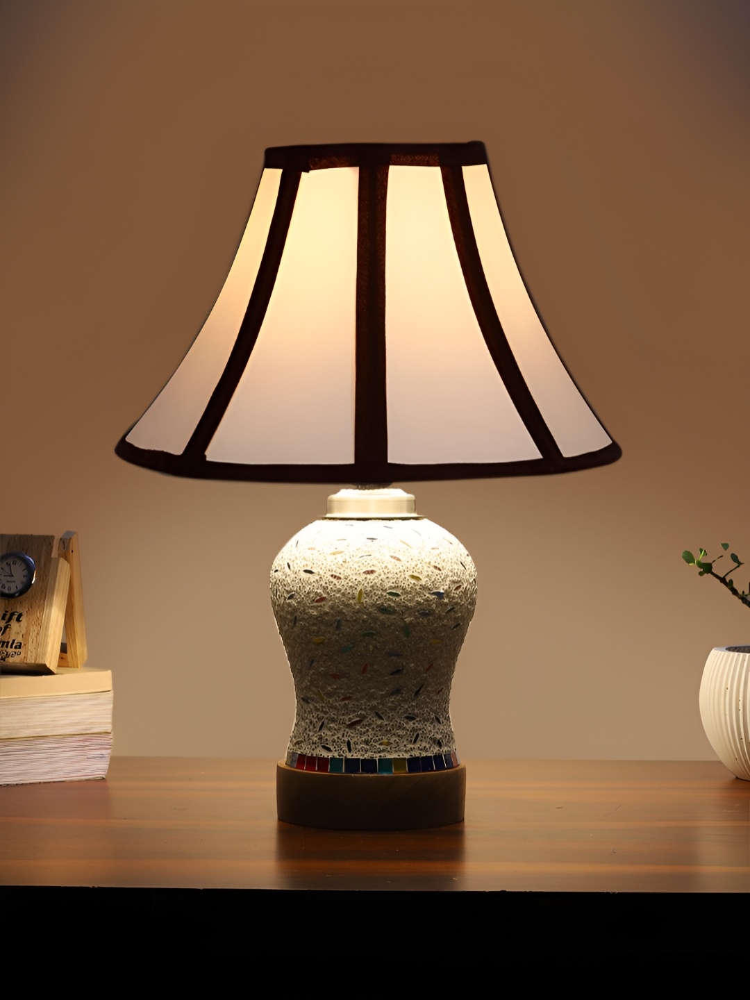 

Devansh White & Black Textured Wooden Frustum Shaped Table Lamp With Mosaic Glass Base