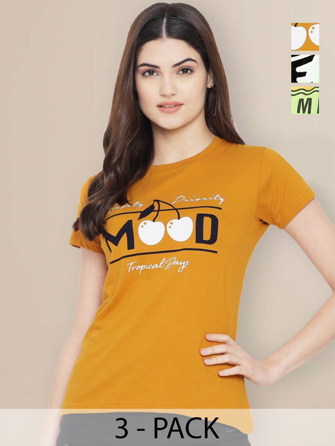 

GLOBAL NOMAD Women Pack of 3 Graphic Printed Round Neck Cotton T-shirts, Mustard