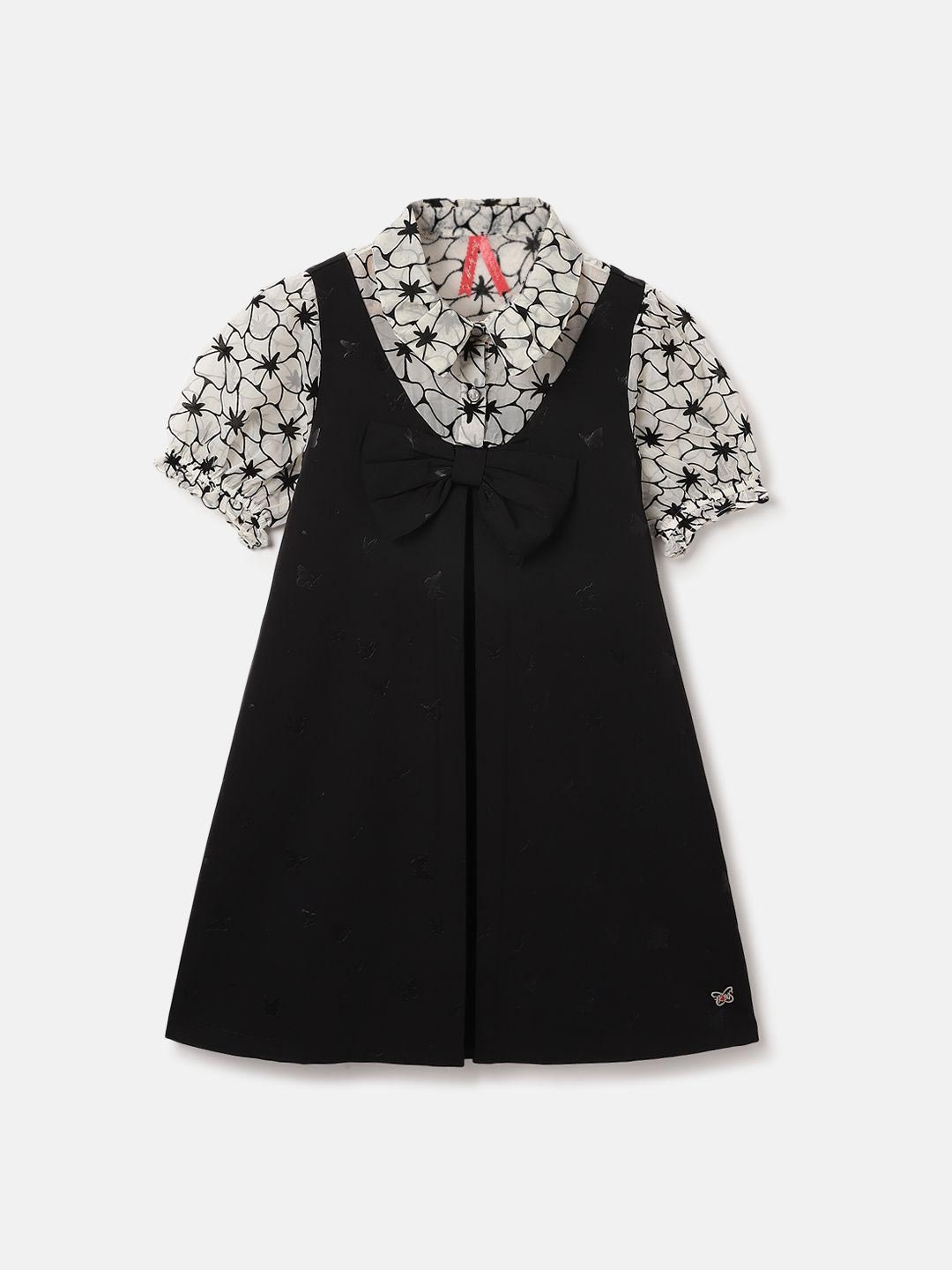 

Blue Giraffe Girls Floral Print Shirt Collar Bow Detailed Pinafore Dress, Black