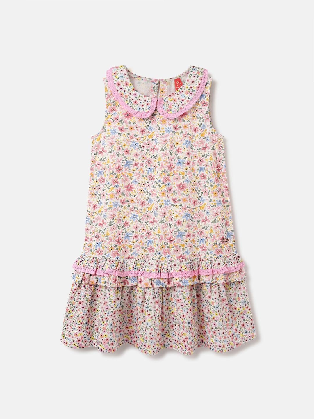 

Blue Giraffe Girls Floral Print Peter Pan Collar Flounce Hem Drop-Waist Dress, Pink