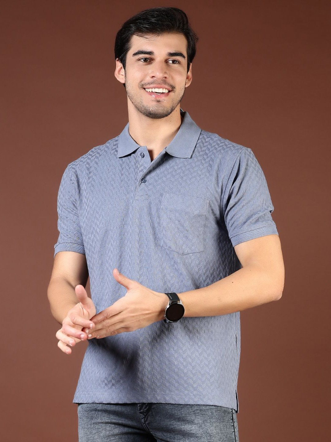 

V-Mart Men Self Design Polo Collar Cotton Slim Fit T-shirt, Grey