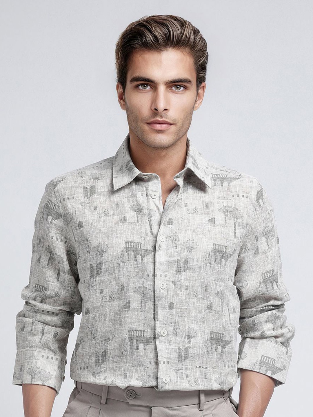 

RARE RABBIT Men Comfort Opaque Printed Casual Shirt, Khaki