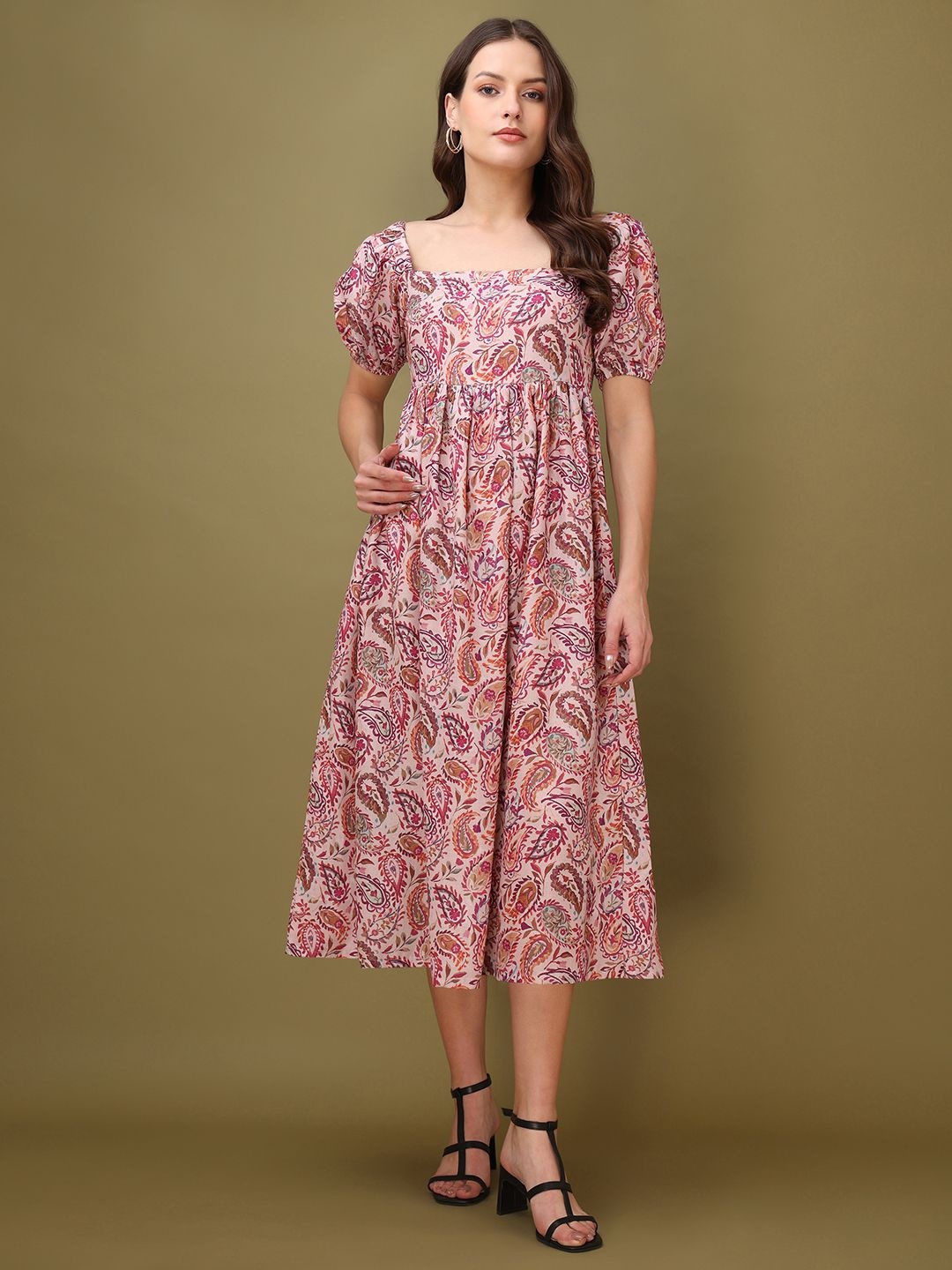 

Obshivka Women Paisley Print Puff Sleeve Midi Fit & Flare Dress, Pink