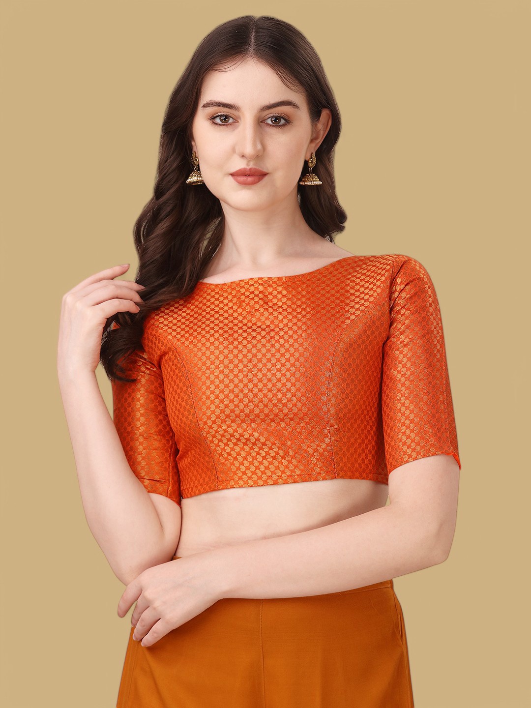

Oomph! Women Woven Design Boat Neck Saree Blouse, Orange