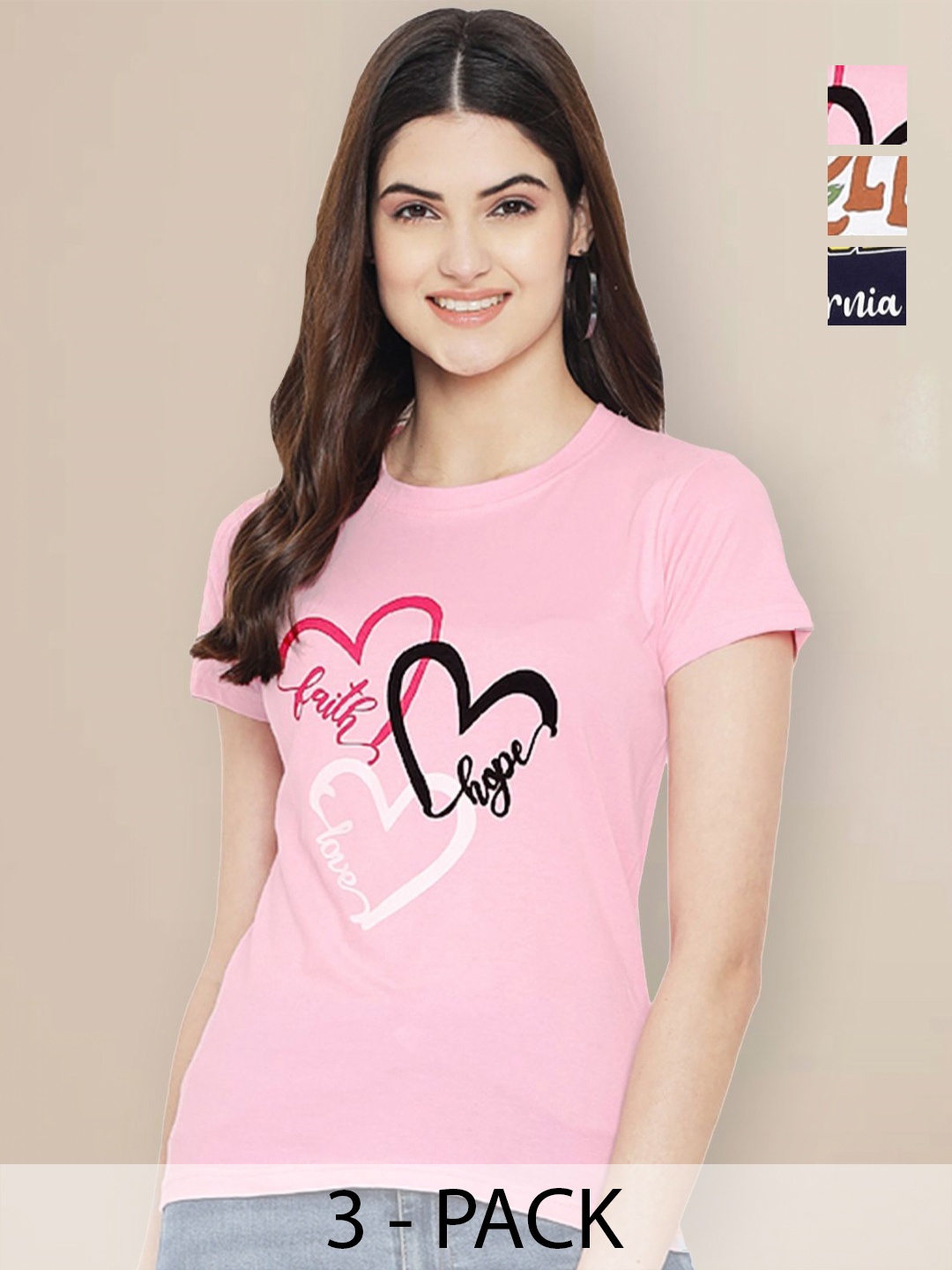 

GLOBAL NOMAD Women Pack of 3 Typography Printed Round Neck Cotton T-shirts, Pink