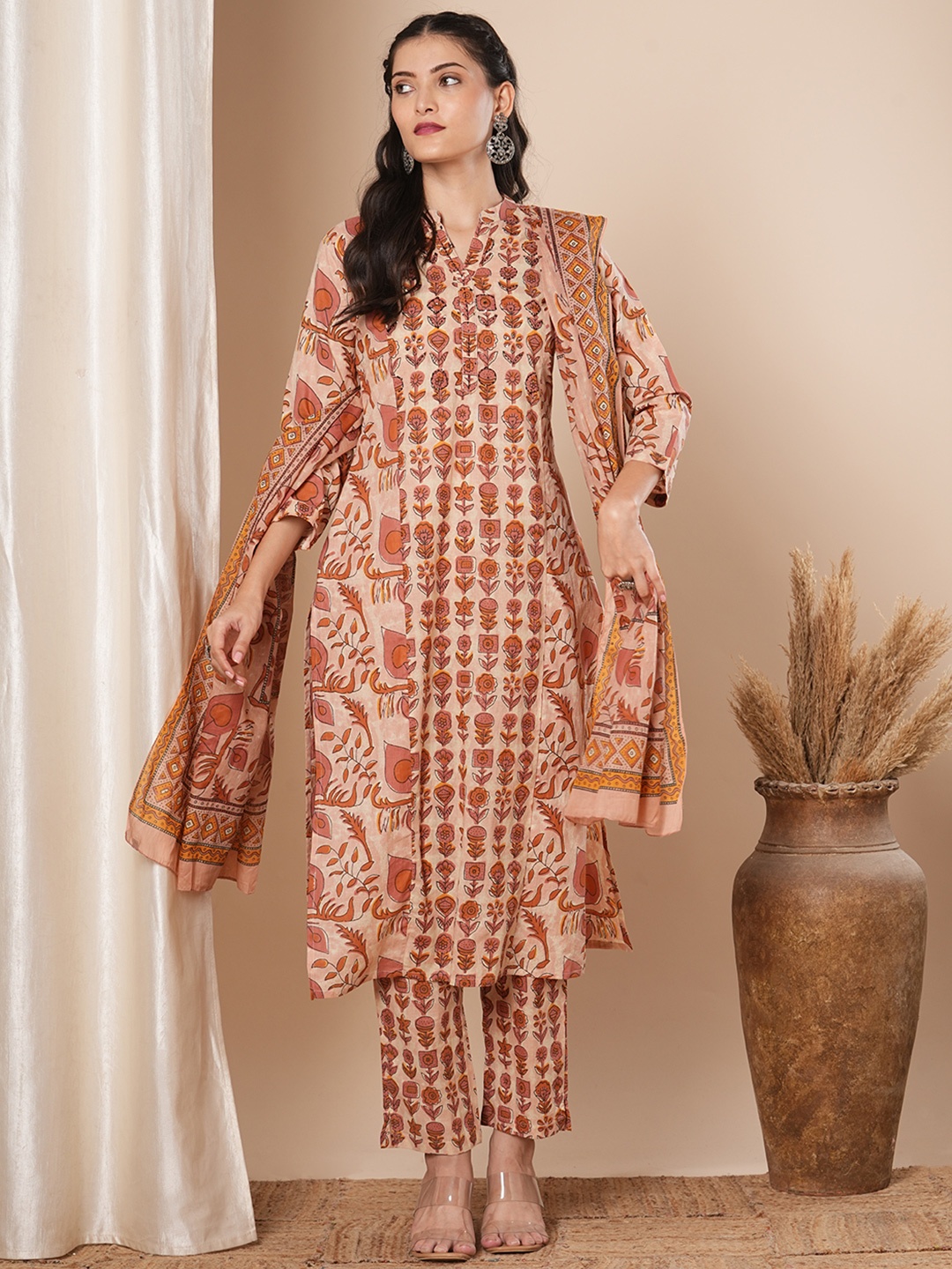 

FASHOR Floral Printed Mandarin Collar Pure Cotton Straight Kurta With Pant And Dupatta, Cream